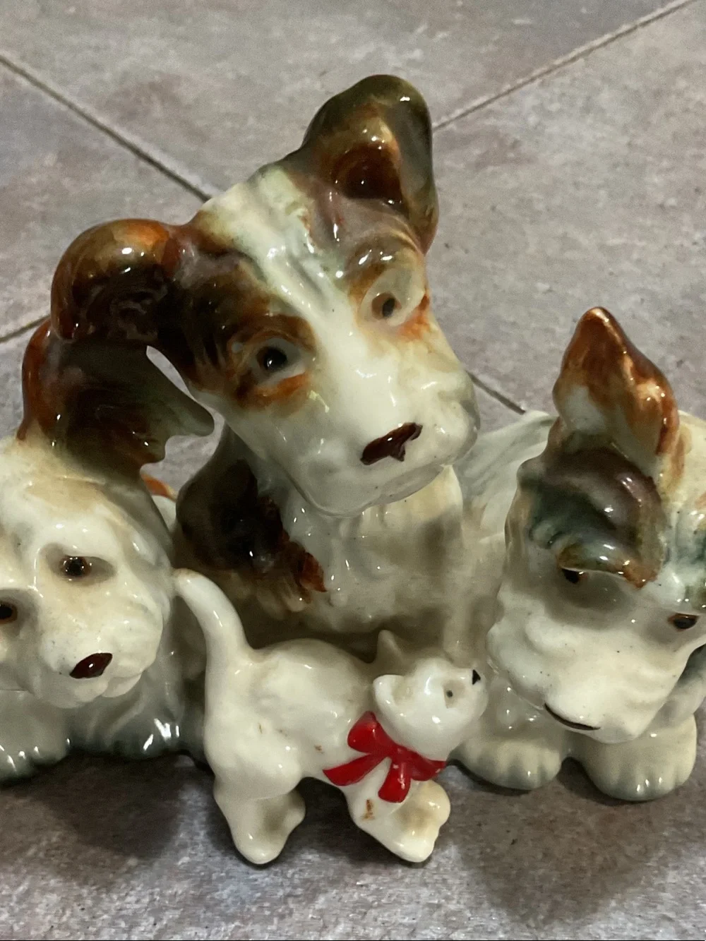 Vintage Ceramic Puppy Trio with Small Cat Figurine - Brown & Cream